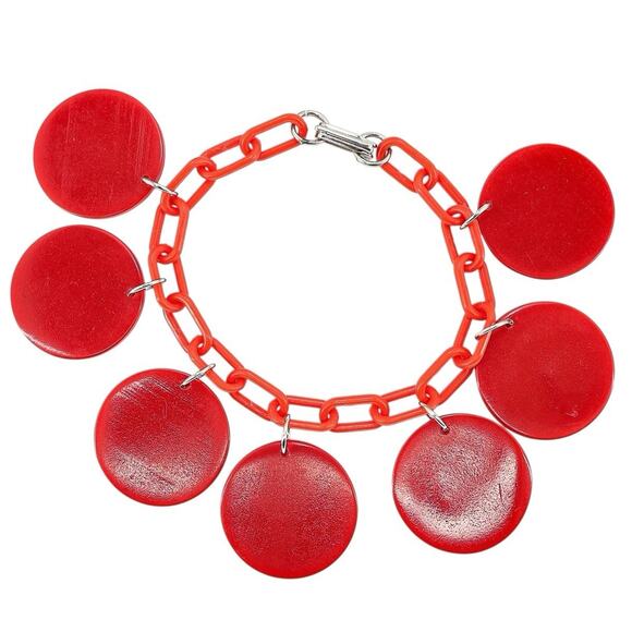 Vintage Chunky Bold Red Galalith Disk Charms Bracelet On Plastic Chain Geo Mod - Picture 1 of 8